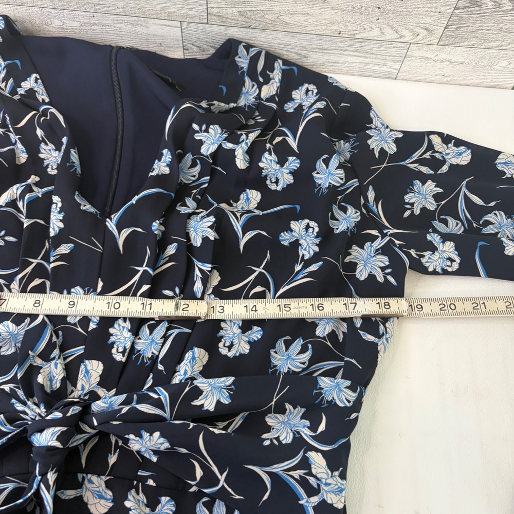 Ann Taylor Midi Dress Women 8 Navy Blue Floral Long Sleeve V-Neck Tie Waist - Picture 5 of 9